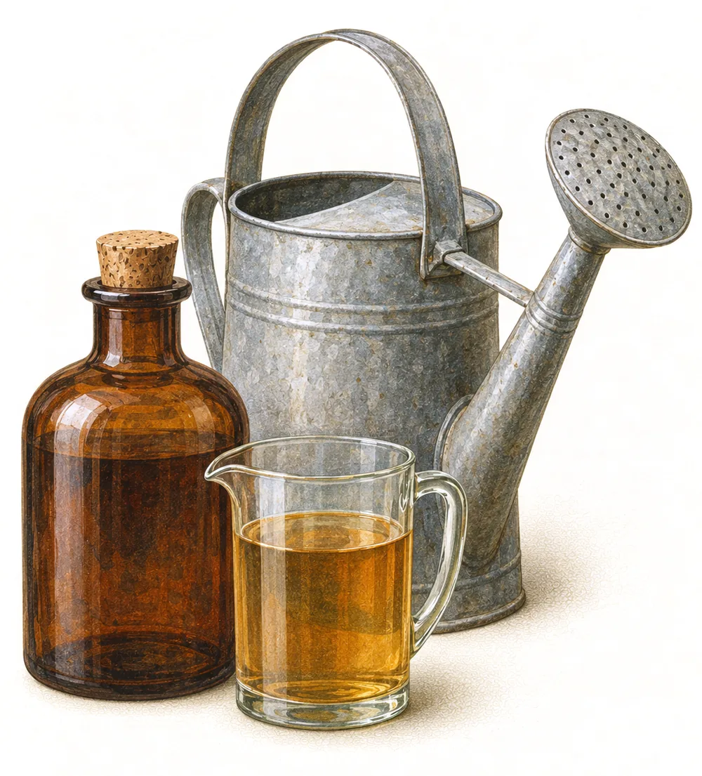 Braune Apothekerflasche, Messbecher mit bernsteinfarbener Flüssigkeit und eine Zinkgießkanne