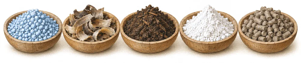 Fünf Holzschalen mit blauem Granulat, Hornspänen, Kompost, Kalkpulver und organischen Pellets