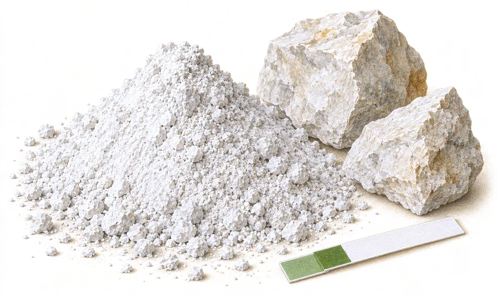 Haufen weißgraues Kalkpulver, zwei Brocken Kalkstein und ein pH-Teststreifen