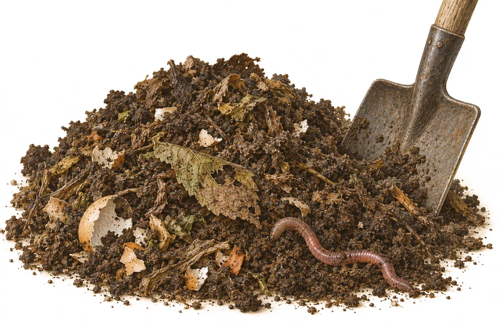 Haufen reifer, krümeliger Kompost mit Regenwurm, Eierschalenresten und einem Spaten