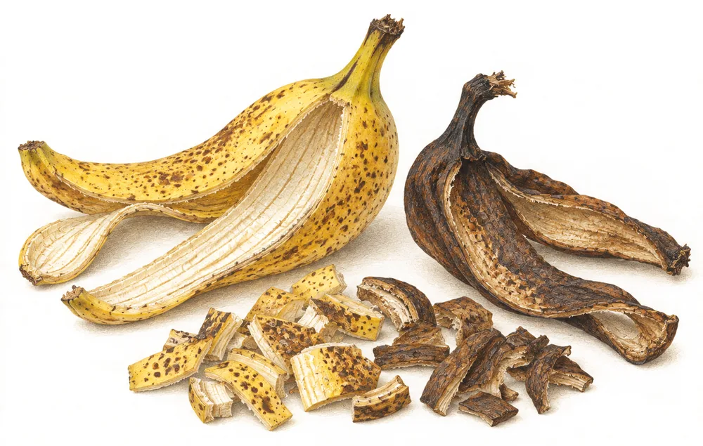 Eine frische und eine eingetrocknete Bananenschale, dazu kleingeschnittene Schalenstreifen