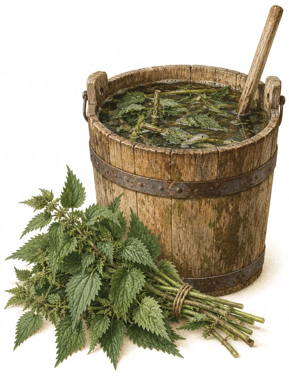 Holzeimer mit gärender Brennnesseljauche, daneben ein frischer Bund Brennnesseln und ein Rührstock