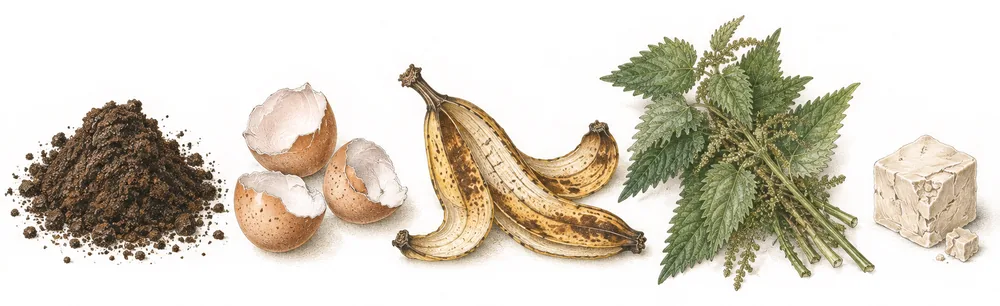 Kaffeesatz, Eierschalen, Bananenschale, Brennnesseln und ein Würfel Hefe nebeneinander