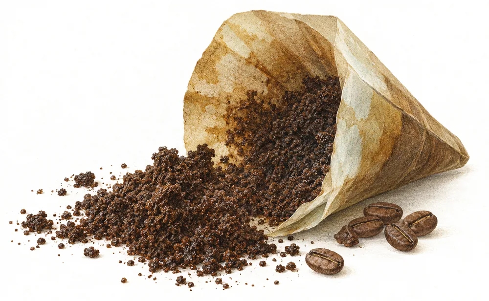 Umgestürzter Kaffeefilter mit feuchtem Kaffeesatz und einigen Kaffeebohnen