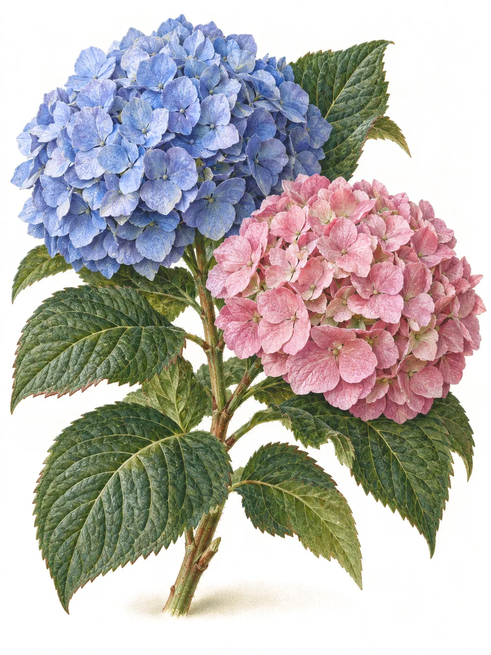 Hortensienzweig mit einer blauen und einer rosa Blütenkugel