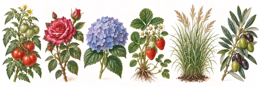 Tomate, Rose, Hortensie, Erdbeere, Rasengras und Olivenzweig nebeneinander wie ein Sortenregister