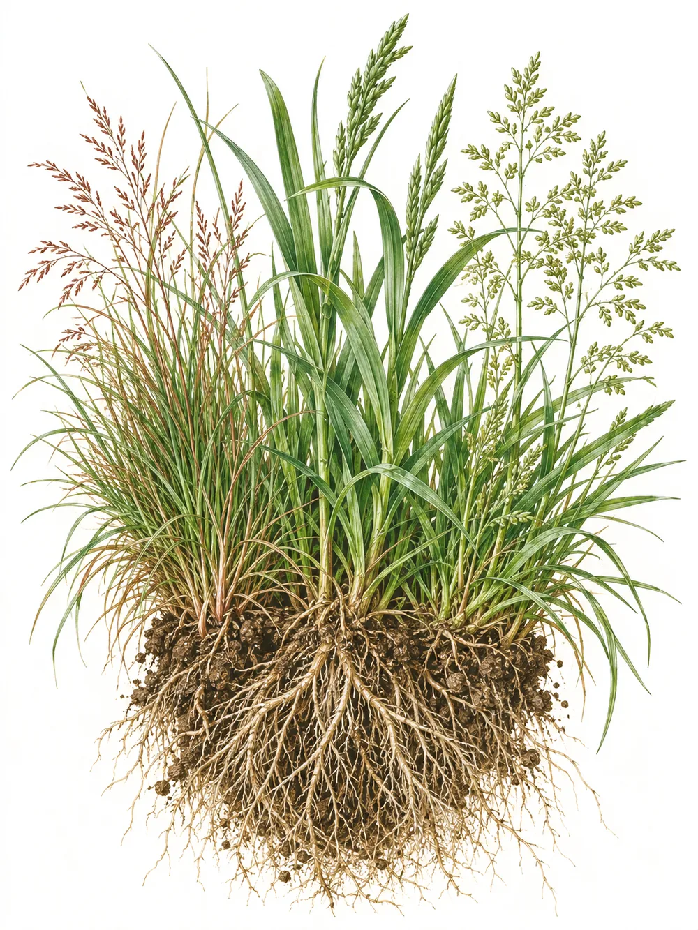 Büschel Rasengras mit Wurzeln aus drei Grasarten: Rotschwingel, Weidelgras und Wiesenrispe