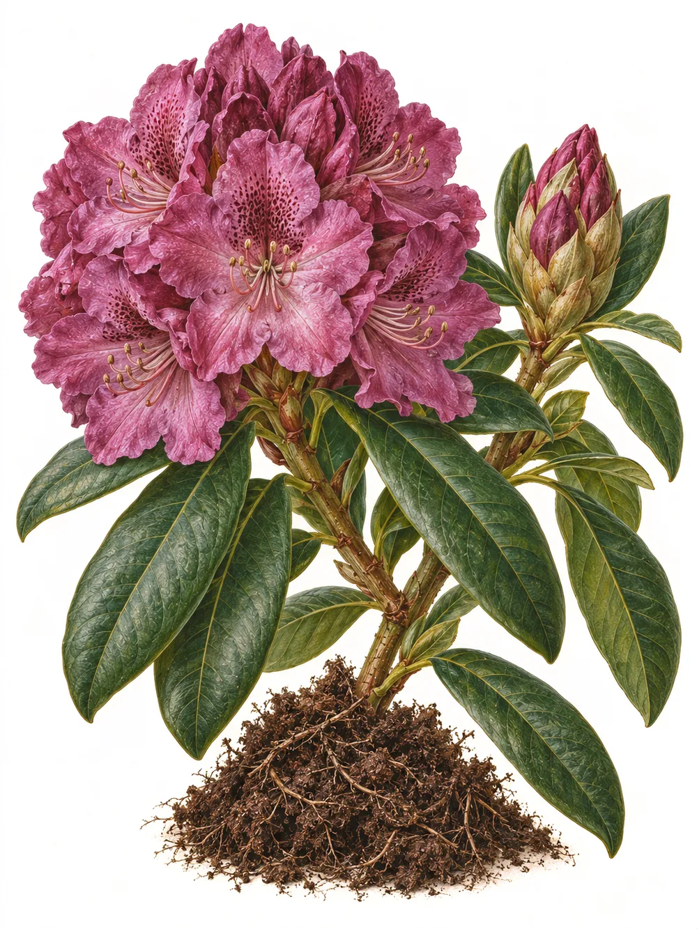Rhododendronzweig mit purpurrosa Blütenstand, ledrigen Blättern und einem Stück Moorerde