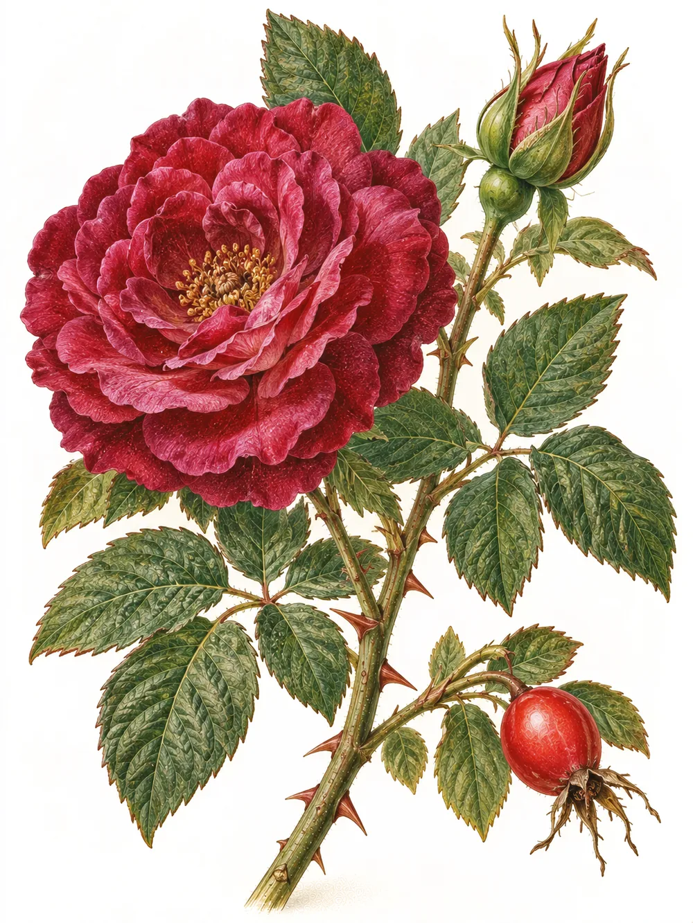 Rosenzweig mit geöffneter karminroter Blüte, Knospe, Stacheln und einer Hagebutte