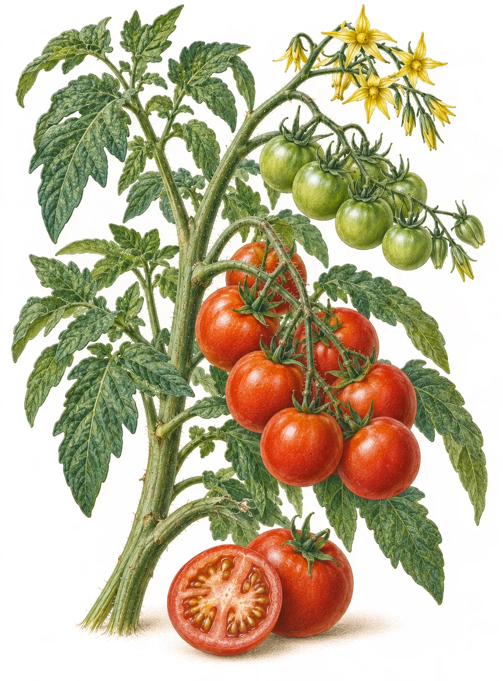 Tomatenpflanze mit reifer Rispe, grüner Rispe, Blüten und einem Fruchtquerschnitt