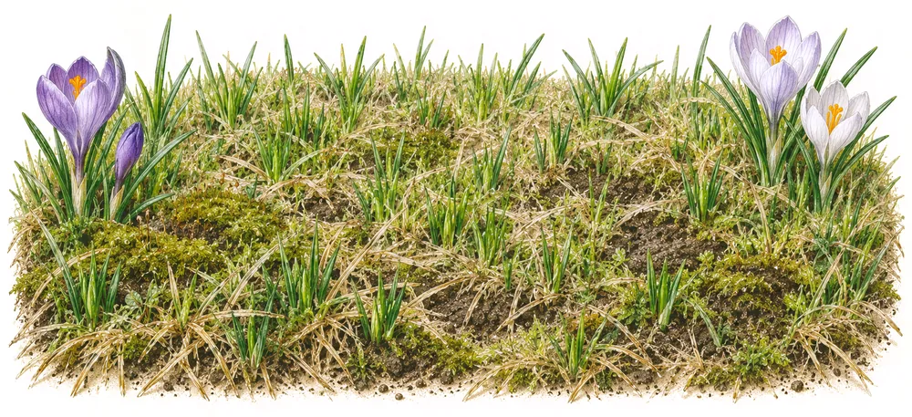 Fahles Rasenstück im Vorfrühling mit frischen Halmen und zwei Krokussen