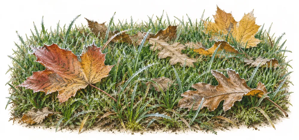 Rasenstück im Herbst mit braunen Ahorn- und Eichenblättern