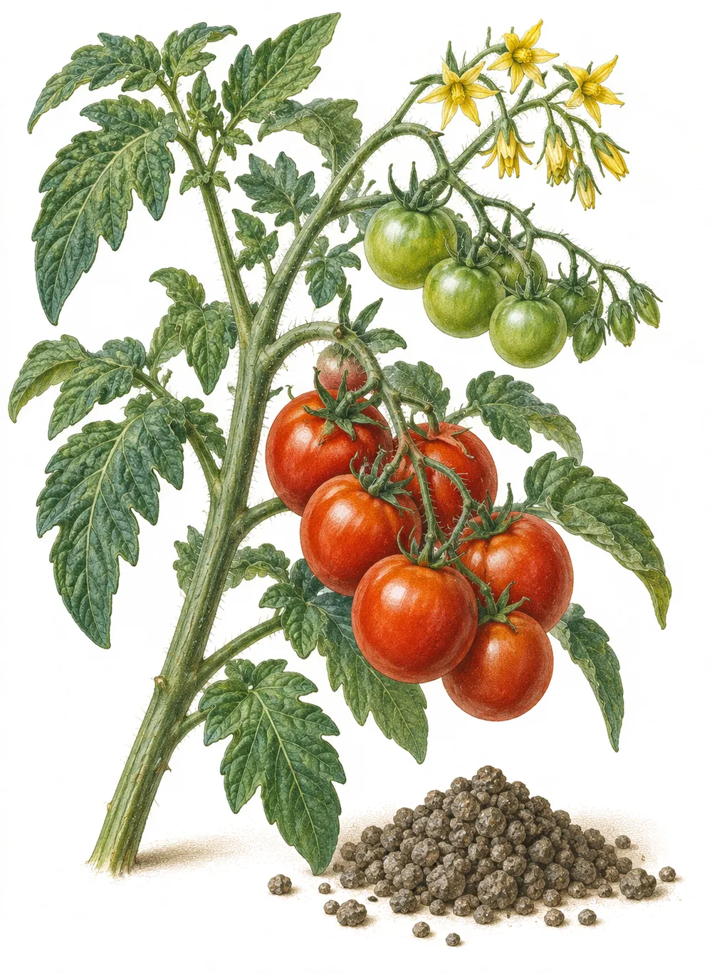 Tomatenpflanze mit reifer Rispe, grünen Früchten und Blüten, am Fuß ein Häufchen Granulat