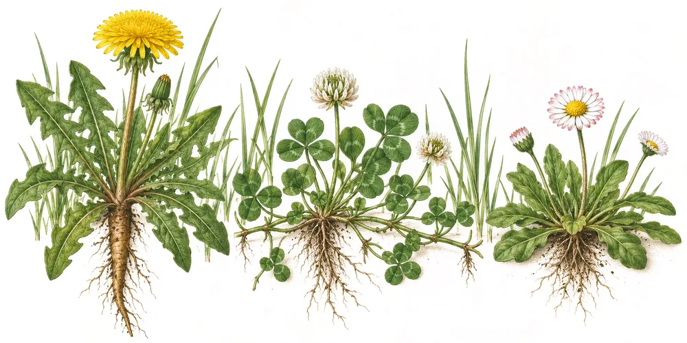 Löwenzahn, Weißklee und Gänseblümchen mit Wurzeln zwischen Grashalmen