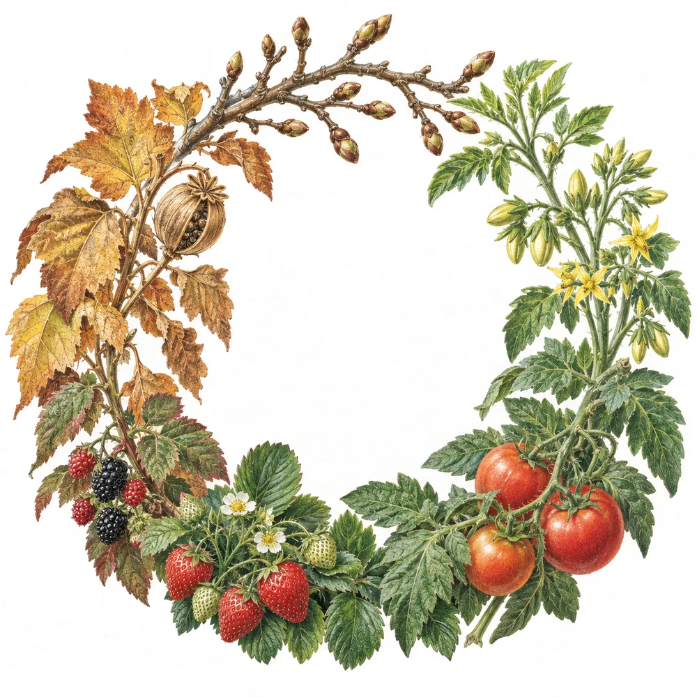 Jahreskranz aus Knospen, Sommerlaub, Früchten und Herbstblättern